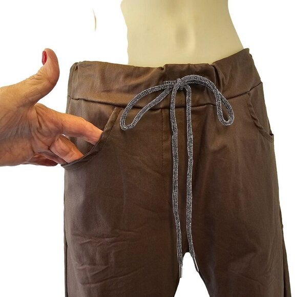 Venti6 Brown Crinkle Jogger Women XS Drawstring Pants Lurex Drawstring Close NWT - Picture 3 of 10